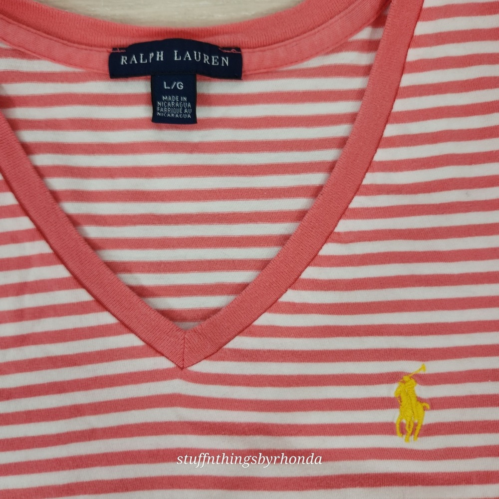 Ralph Lauren Girls/Youth Large Tshirt Stripe Raspberry Pink White Short Sleeve